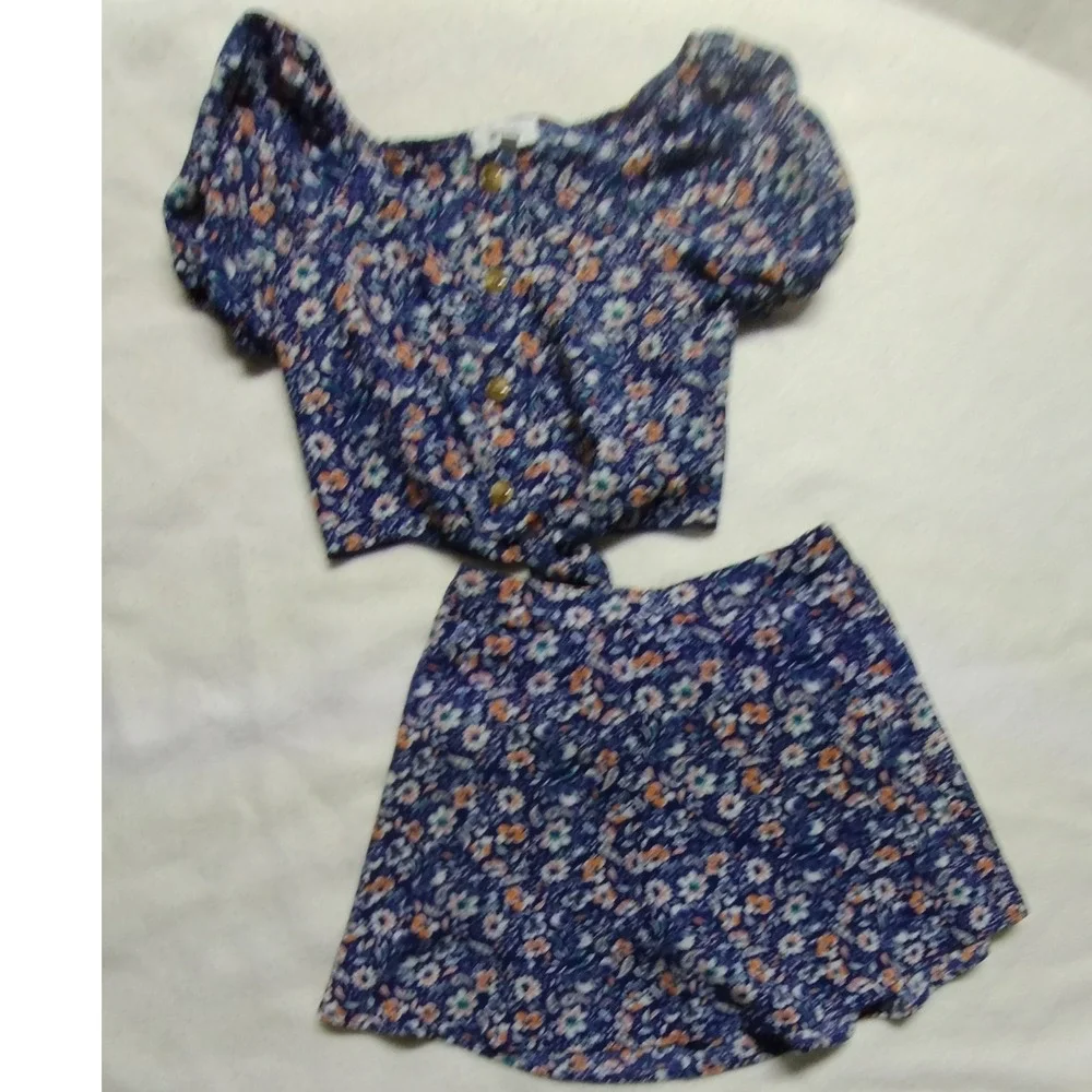 Speechless Girls 2pc‎ Blue Floral Matching Skirt Set Puff Sleeve Top Size12